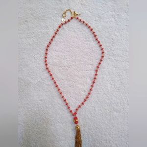 BRAND NEW Tory Burch Red Bead Necklace 18k Gold plated with Fine Chain Tassel